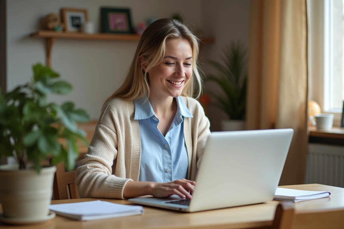 Femme travaillant sur ordinateur dans un salon cosy