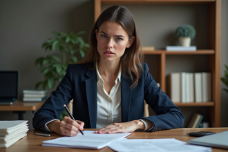 Femme concentrée remplissant des papiers dans un bureau moderne