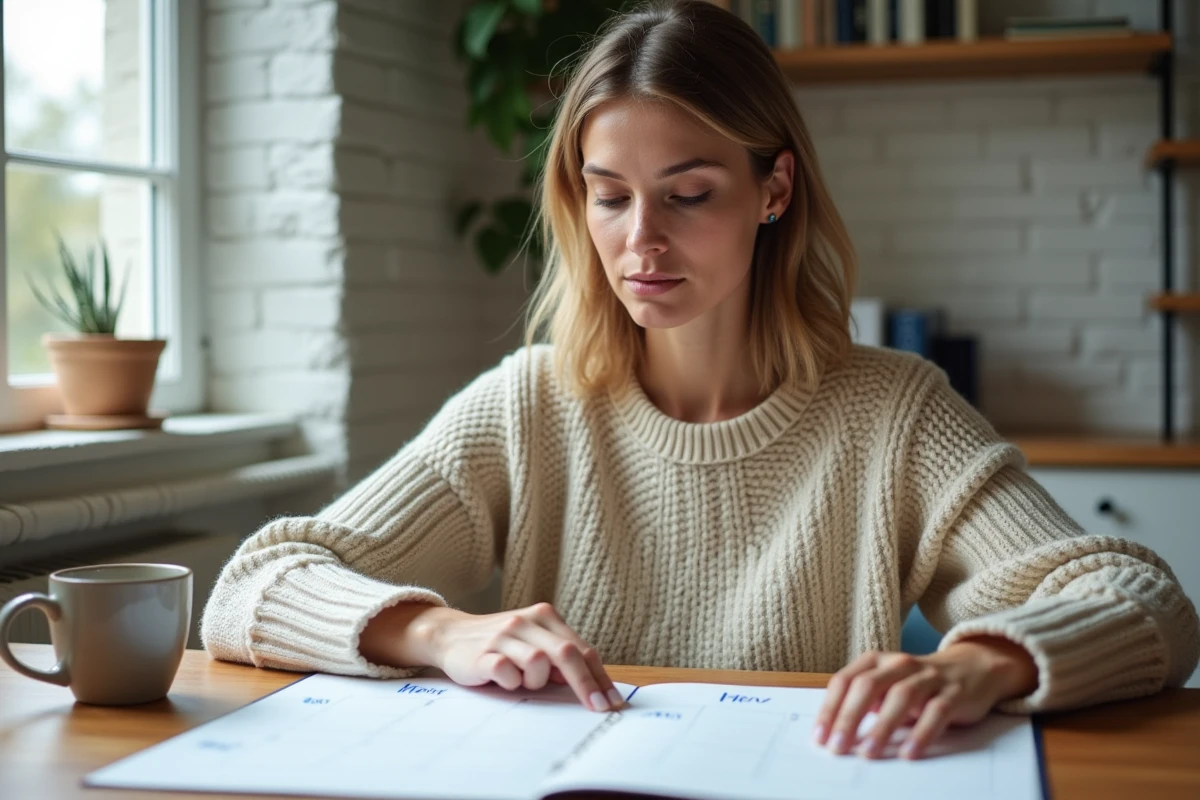 Femme consultant un calendrier hebdomadaire imprimé pour identifier les semaines paires et impaires en 2026