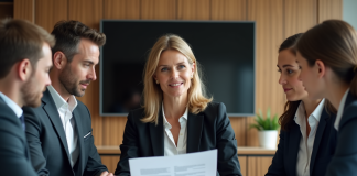 Femme en réunion d'entreprise avec collègues attentifs