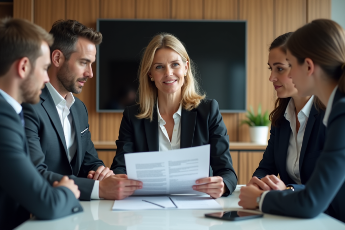 femme-collaborative-conference Femme en réunion d'entreprise avec collègues attentifs