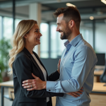 Exemples d’attention positive : comment les mettre en pratique efficacement ? Femme d'âge moyen félicitant un jeune collègue dans un bureau moderne