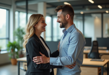 Exemples d’attention positive : comment les mettre en pratique efficacement ? Femme d'âge moyen félicitant un jeune collègue dans un bureau moderne