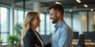 Exemples d’attention positive : comment les mettre en pratique efficacement ? Femme d'âge moyen félicitant un jeune collègue dans un bureau moderne