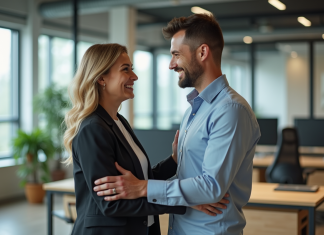Exemples d’attention positive : comment les mettre en pratique efficacement ? Femme d'âge moyen félicitant un jeune collègue dans un bureau moderne
