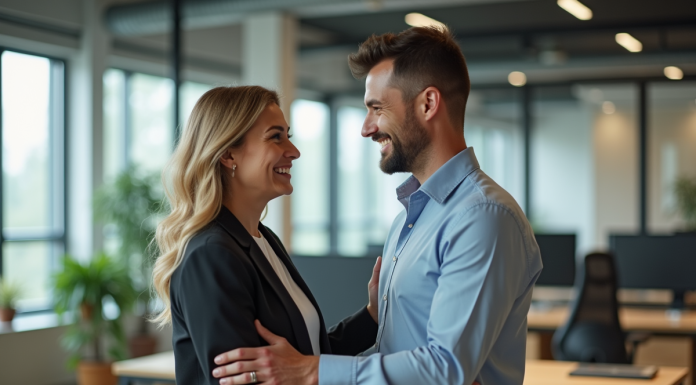 Femme d'âge moyen félicitant un jeune collègue dans un bureau moderne