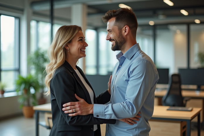 Femme d'âge moyen félicitant un jeune collègue dans un bureau moderne