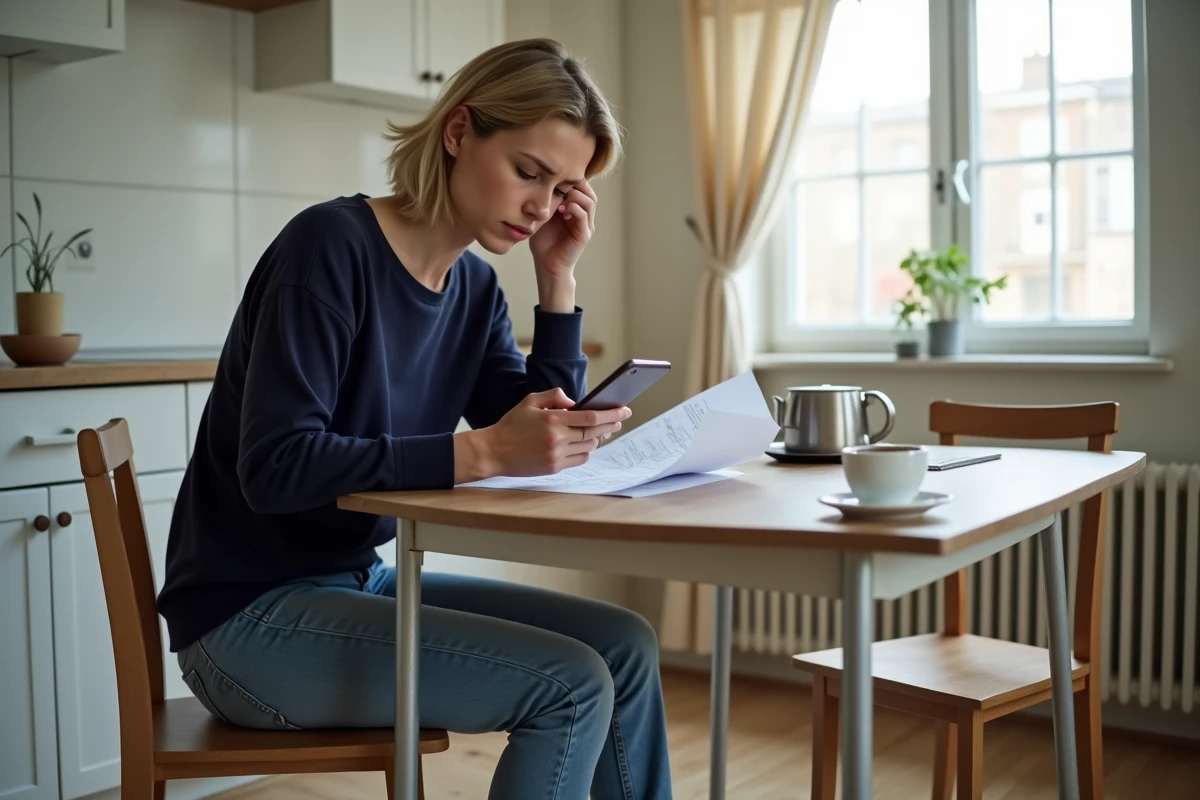 Femme d'âge moyen en cuisine regardant un document