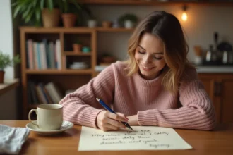 Femme écrivant une citation manuscrite pour sa filleule sur du papier crème à une table en bois chaleureuse