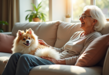 Femme agee souriante caressant un chien japonais spitz