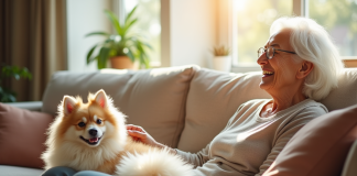 Femme agee souriante caressant un chien japonais spitz
