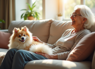 Femme agee souriante caressant un chien japonais spitz