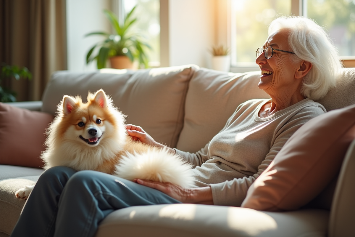 Femme agee souriante caressant un chien japonais spitz