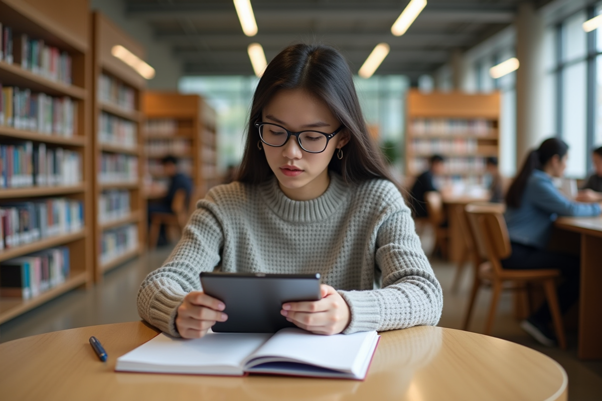 Jeune femme à la bibliothèque universitaire avec tablette