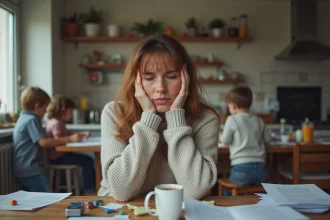 Femme fatiguée assise à la cuisine avec enfants en arrière-plan