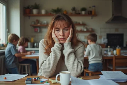 Femme fatiguée assise à la cuisine avec enfants en arrière-plan