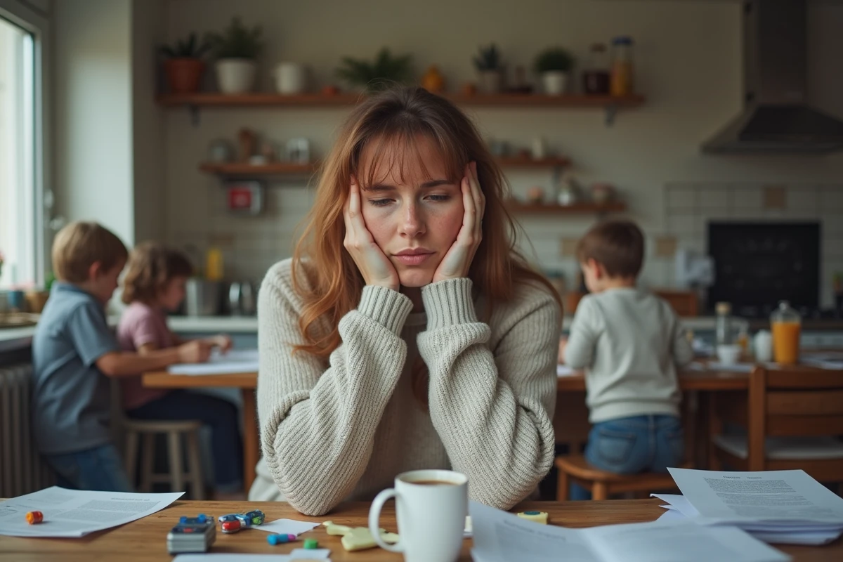 Femme fatiguée assise à la cuisine avec enfants en arrière-plan