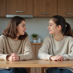 Femme et fille discutent à la cuisine chaleureuse