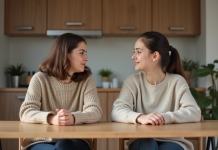Femme et fille discutent à la cuisine chaleureuse