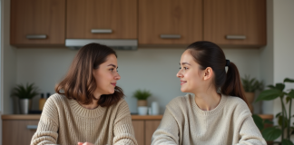 Conflits familiaux : Comment les prévenir et les résoudre efficacement ? Femme et fille discutent à la cuisine chaleureuse
