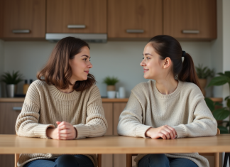 Femme et fille discutent à la cuisine chaleureuse