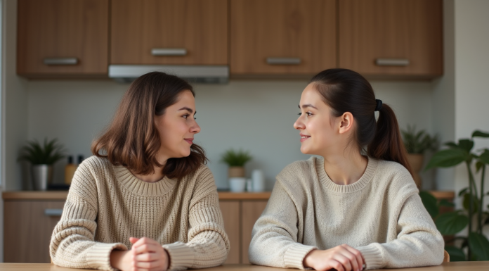 Femme et fille discutent à la cuisine chaleureuse
