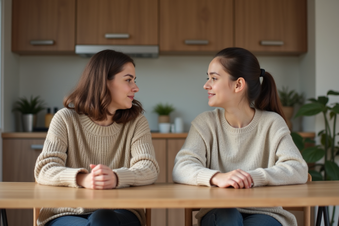 Femme et fille discutent à la cuisine chaleureuse