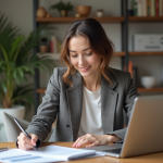 Éducation financière : découvrez ses nombreux avantages ! Jeune femme en blazer examine documents financiers à la maison