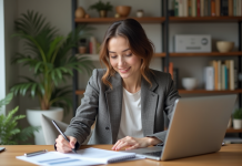 Éducation financière : découvrez ses nombreux avantages ! Jeune femme en blazer examine documents financiers à la maison