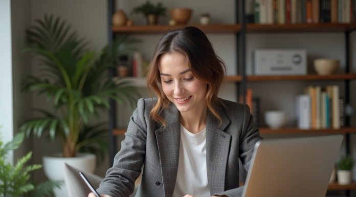 Jeune femme en blazer examine documents financiers à la maison
