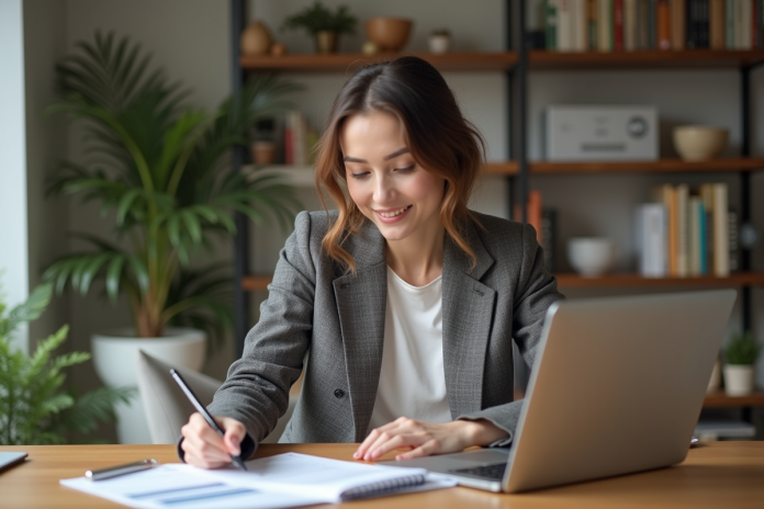Jeune femme en blazer examine documents financiers à la maison