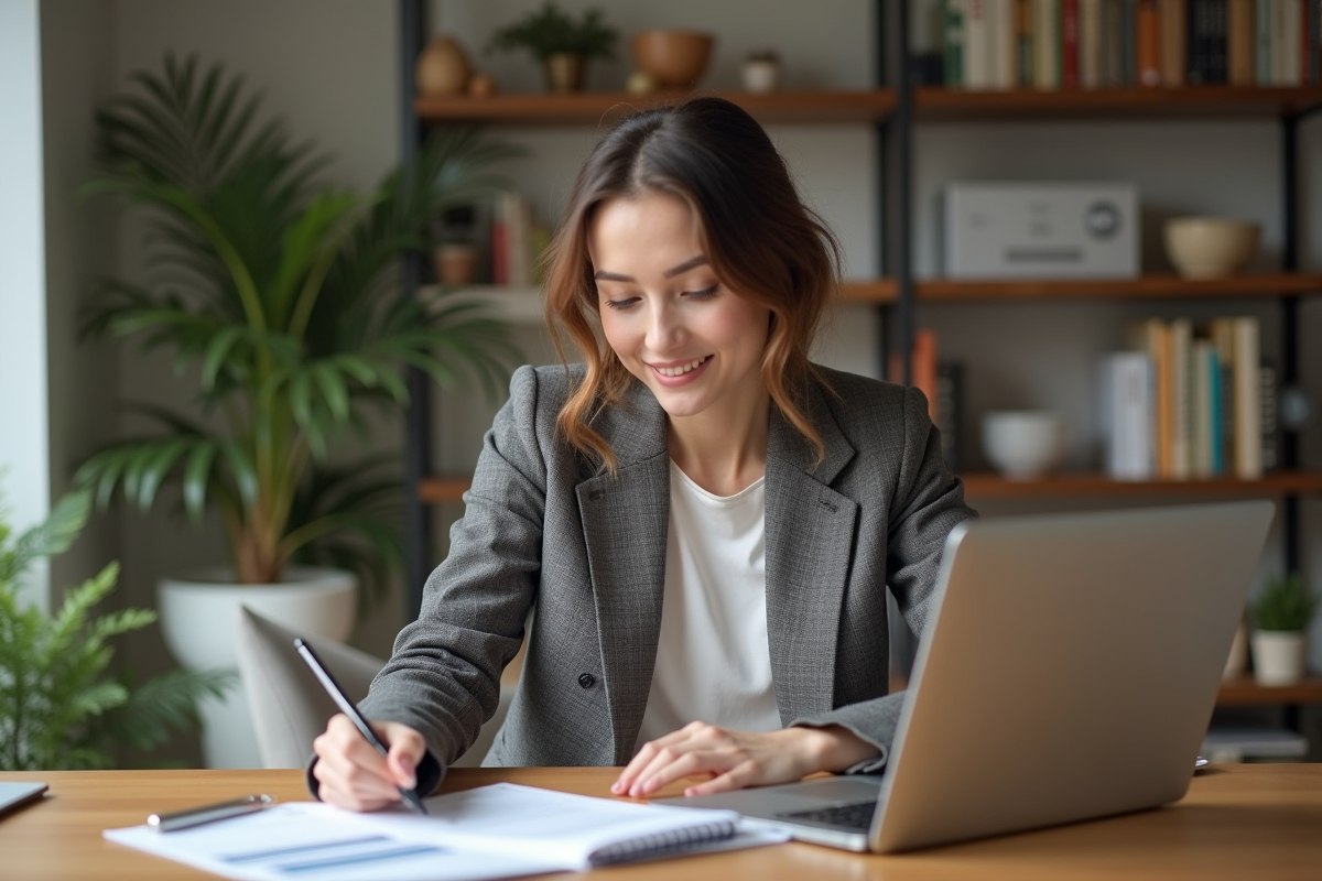 Jeune femme en blazer examine documents financiers à la maison