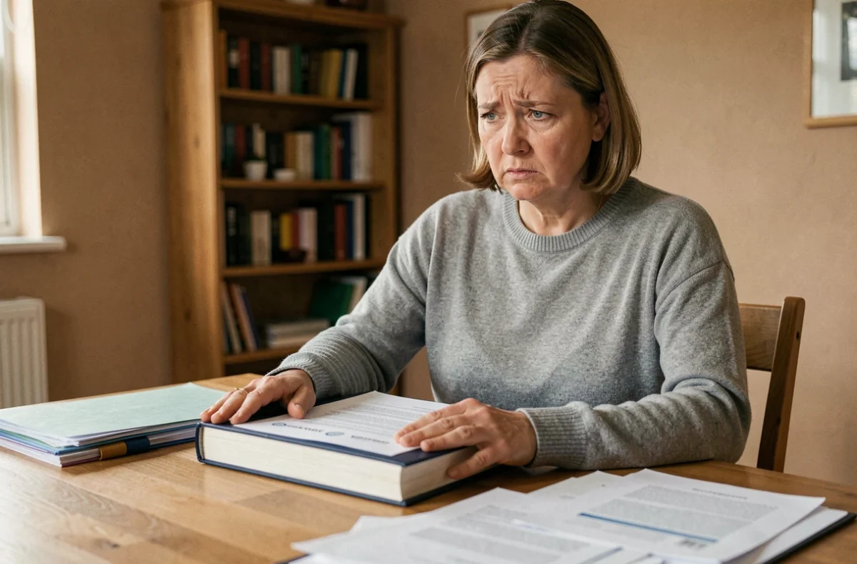 Femme inquiète assise devant des dossiers d'adoption internationale éparpillés sur une table, illustrant les doutes autour d'une agence d'adoption