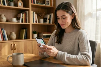 Femme consultant une liste de souhaits sur son smartphone dans un bureau cosy à domicile