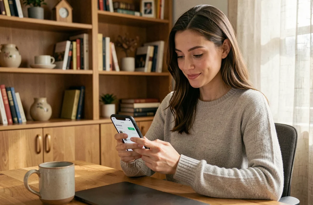 Femme consultant une liste de souhaits sur son smartphone dans un bureau cosy à domicile