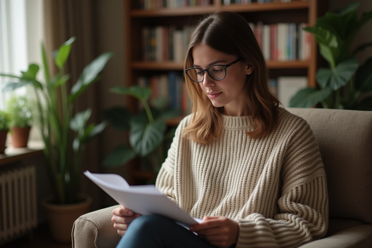 Femme lisant un script dans un salon chaleureux