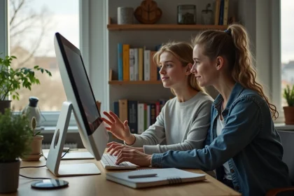 Femme soutenant son ado dans un bureau à la maison