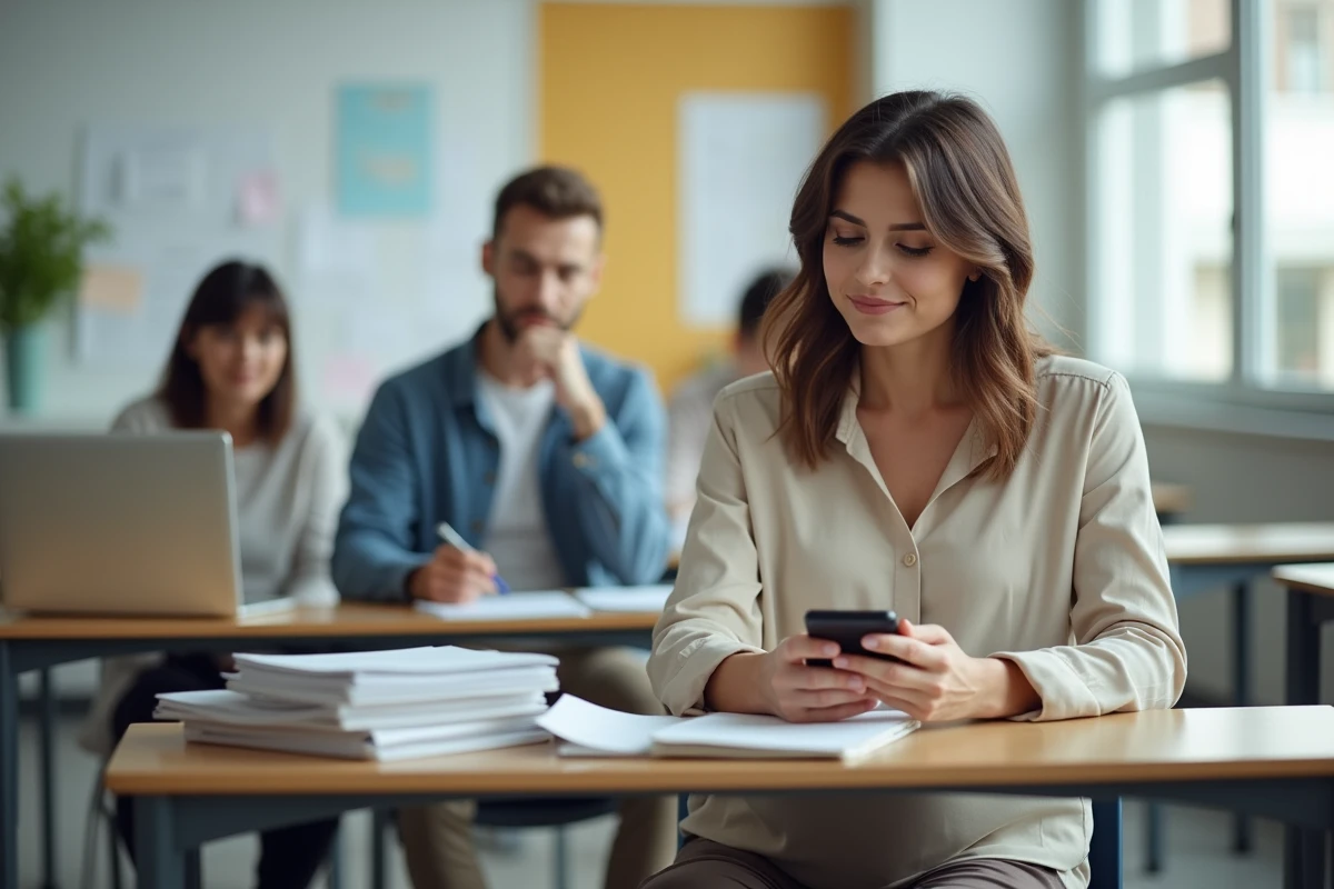 Femme enceinte en formation dans un bureau moderne