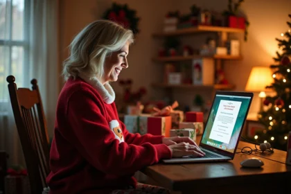 Femme souriante en pyjama d'hiver tapant une lettre de pere noel