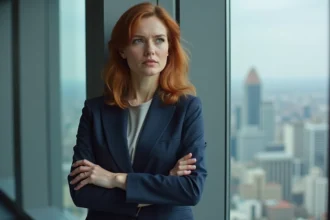 Femme en blazer navy dans un bureau moderne