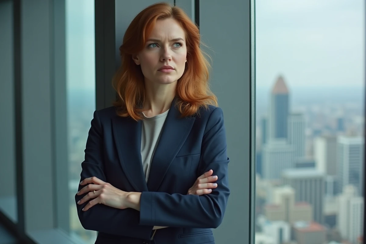 Femme en blazer navy dans un bureau moderne