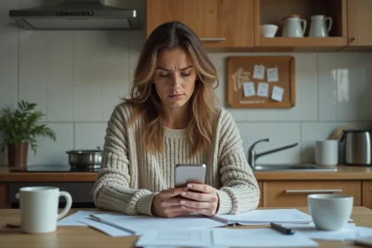 Femme concentrée avec smartphone dans une cuisine