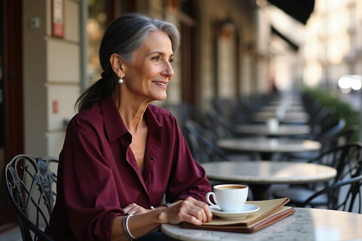 Femme élégante d'origine méditerranéenne dans un café genevois, symbolisant le croisement des cultures et des origines familiales franco-orientales