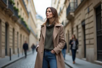 Femme élégante dans une rue parisienne calme