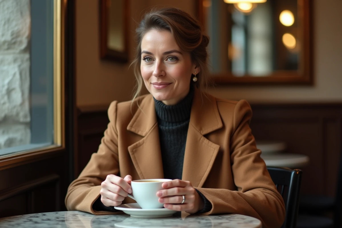 Femme pensive attablée dans un café parisien, évoquant la chronologie d'une vie amoureuse et les étapes d'une relation sentimentale