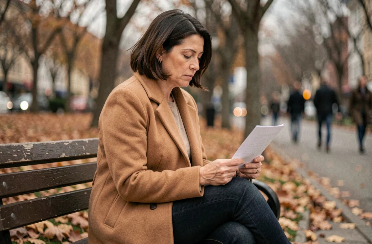 Femme pensive sur un banc de parc en automne, tenant une lettre, évoquant la réflexion et la reconstruction après une infidélité masculine