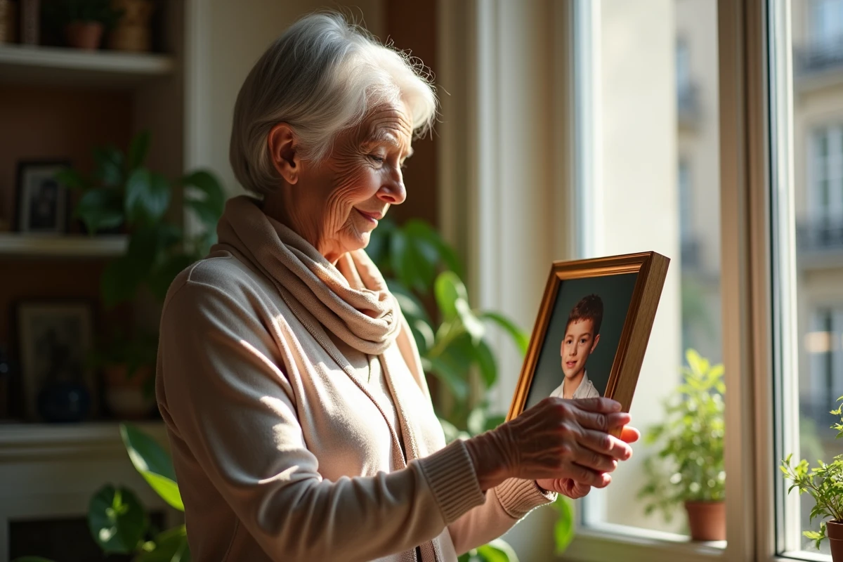 Femme âgée tenant une photo dans une pièce lumineuse