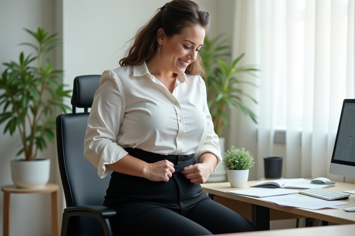 Femme en blouse ajustant son pantalon au bureau