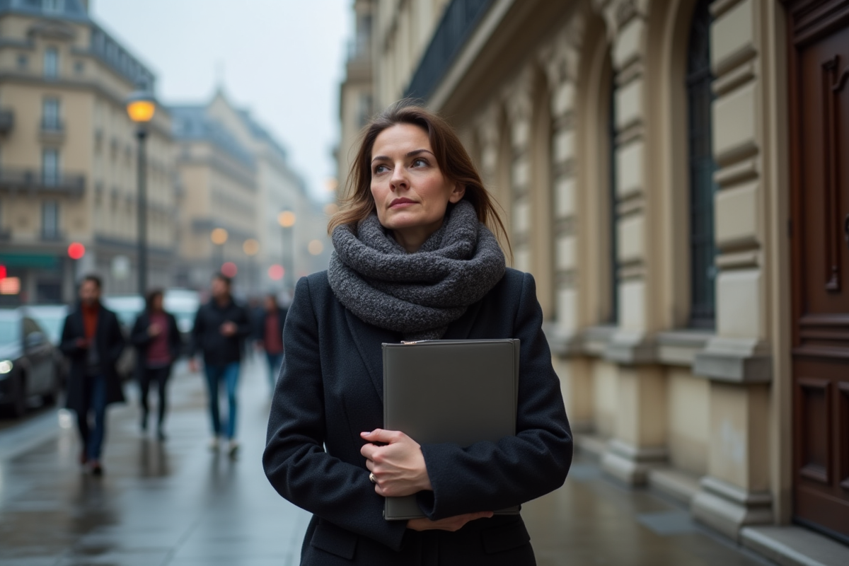 Femme dans un manteau sombre sur un trottoir parisien pluvieux