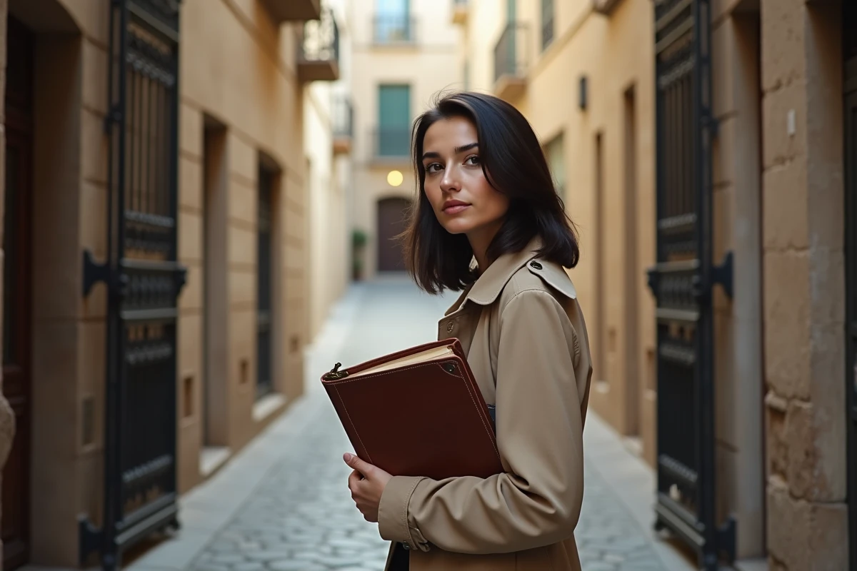 Jeune femme aux traits méditerranéens tenant un dossier devant une vieille porte en fer forgé, évoquant la recherche des origines familiales et du patrimoine